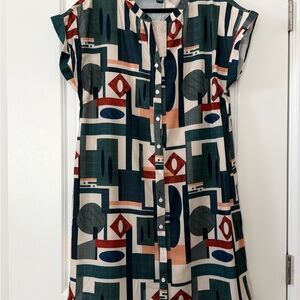Geometric Print Midi Shirt Dress - Green Multi